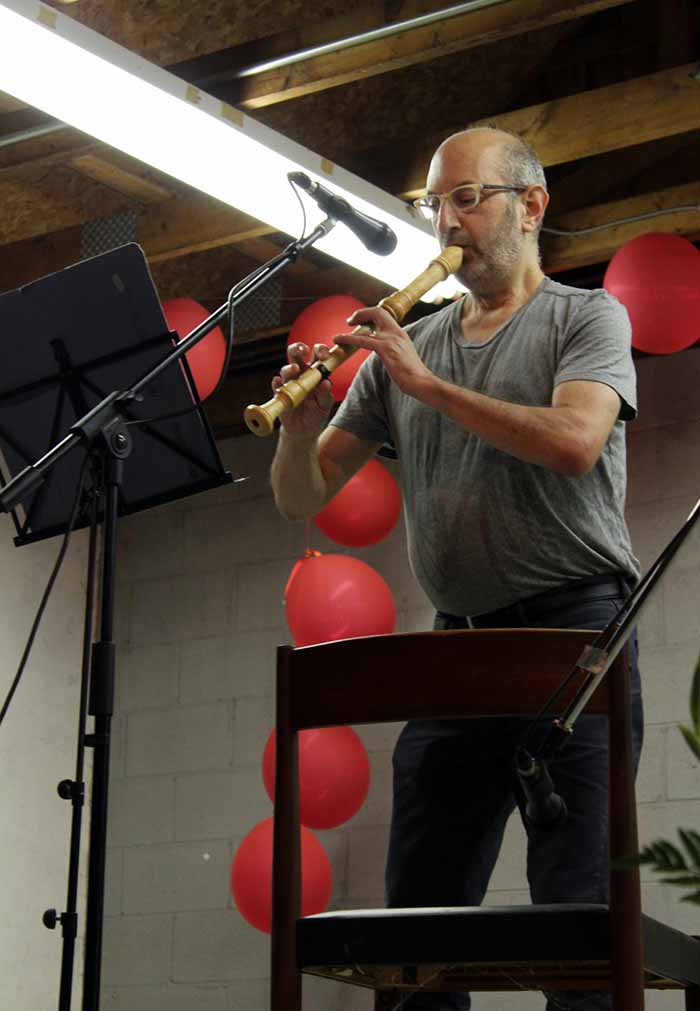 The author on stage, performing a solo on his scratch-built recorder